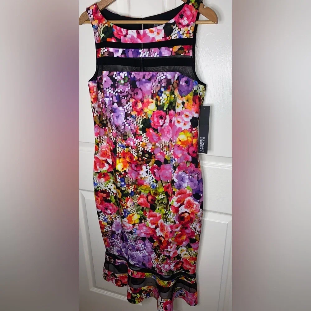 Badgley Mischka Digital Floral Pencil Dress | Size 12 | NWT | Colorful, Rainbow - Picture 3 of 11